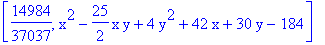 [14984/37037, x^2-25/2*x*y+4*y^2+42*x+30*y-184]